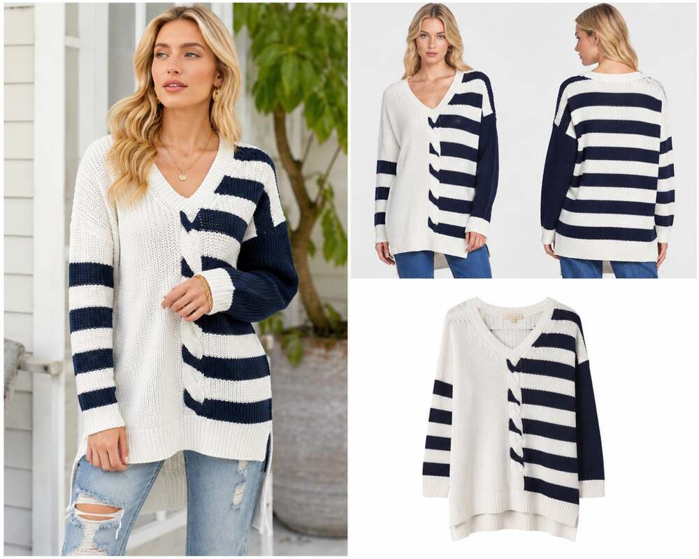 MEDIUM Etcetera Ivory and Navy Blue Knit Sweater /TUNIC RETAIL $200-$500